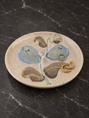 Signed Studio Art Pottery Botanical Trinket Dish Plate 8.25" Handmade Boho Decor